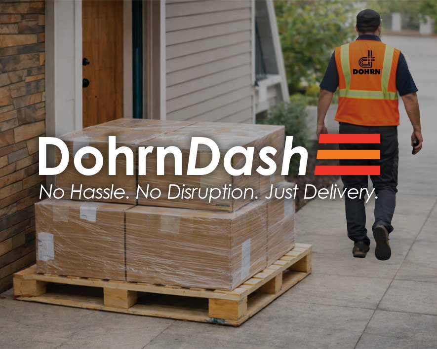 Dohrn Dash No Signature Delivery Pallet left by residential garage delivery with driver walking away